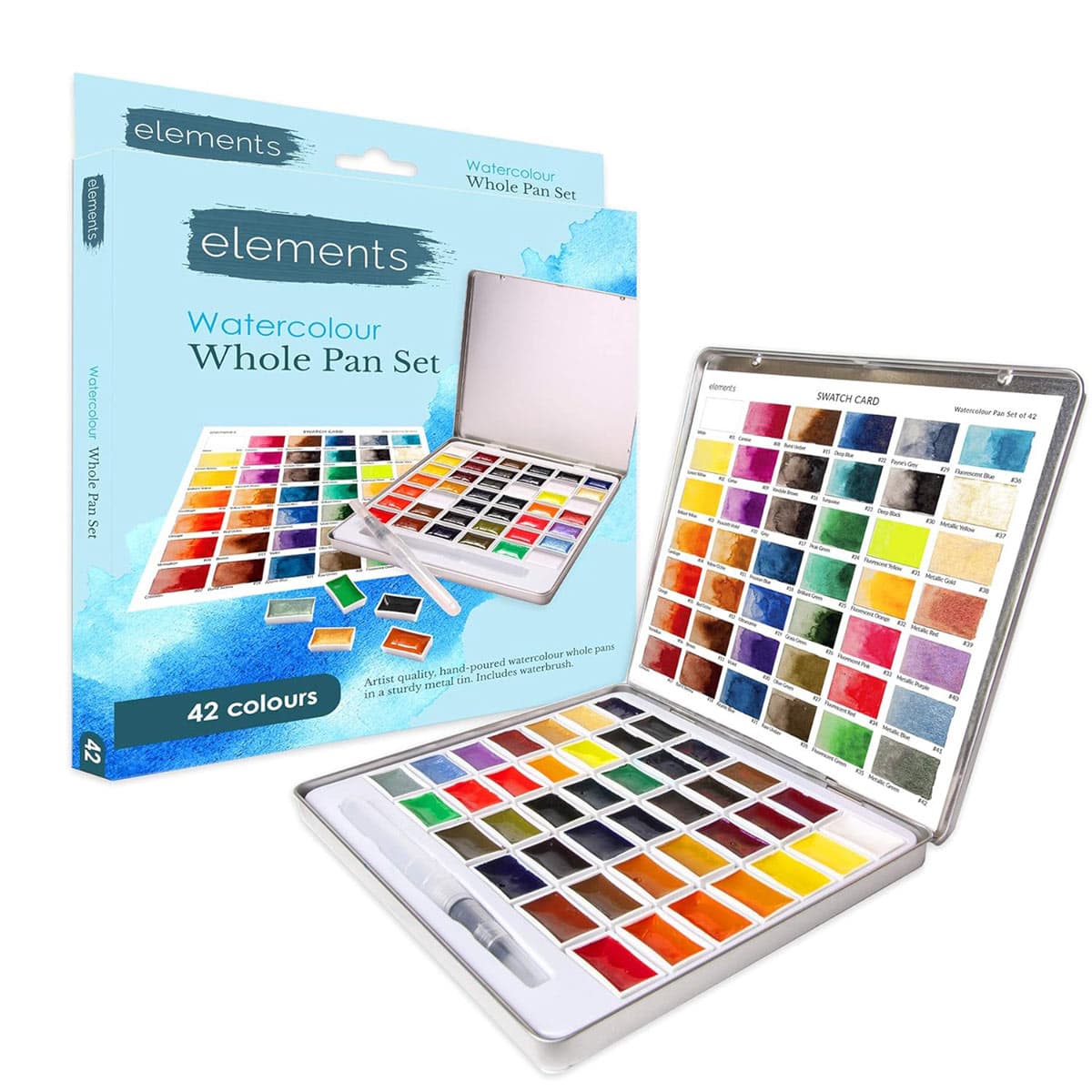 Elements 42 Large Pan Watercolour Set In Tin Box With Waterb
