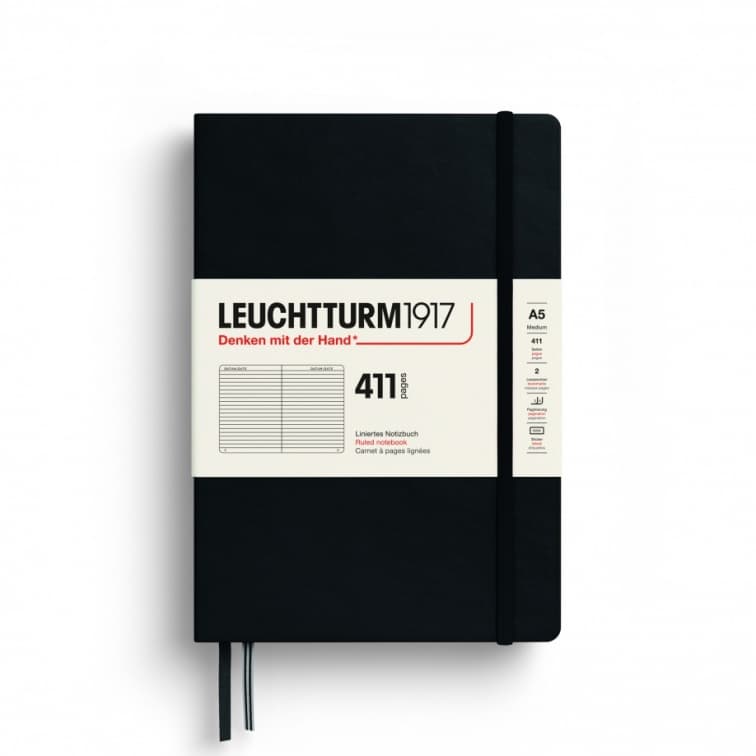 Notebook Medium (A5), Hardcover, 411 numbered pages, Black, Ruled