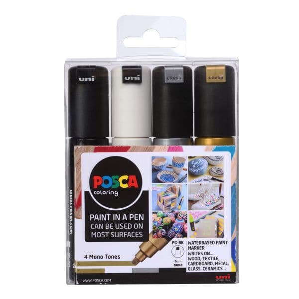 POSCA PC-8K BROAD CHISEL TIP WLT 4 MONO TONE COLOURS