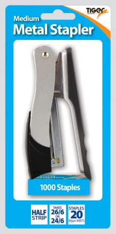 Tiger Medium Metal Stapler, assorted colours.