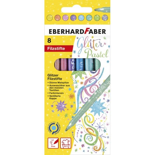 GLITTER FELT TIP PENS PASTELS SET OF 8