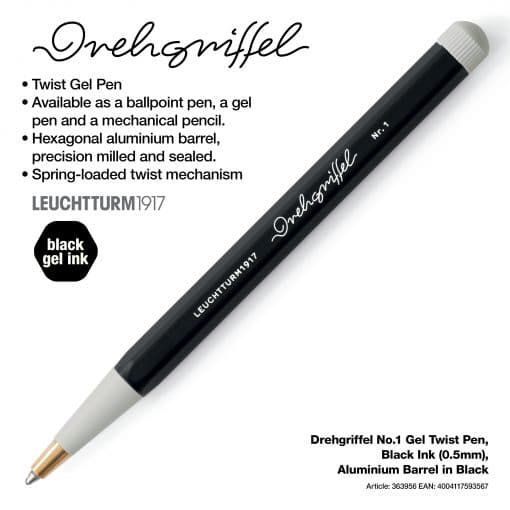 Drehgriffel No.1, Gel Twist Pen, Black Ink (0.5mm), Aluminium Barrel in Black