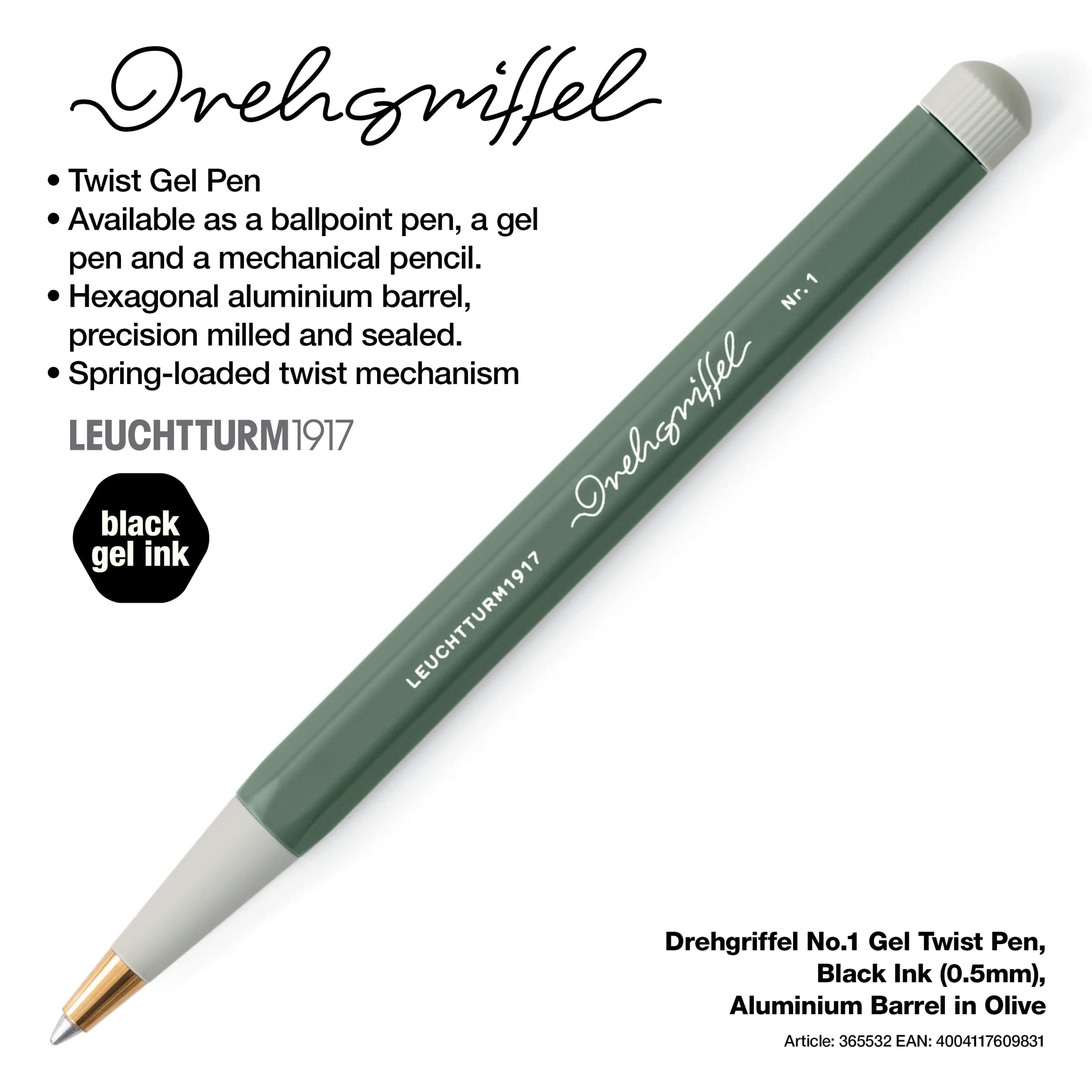 Drehgriffel No.1, Gel Twist Pen, Black Ink (0.5mm), Aluminium Barrel in Olive