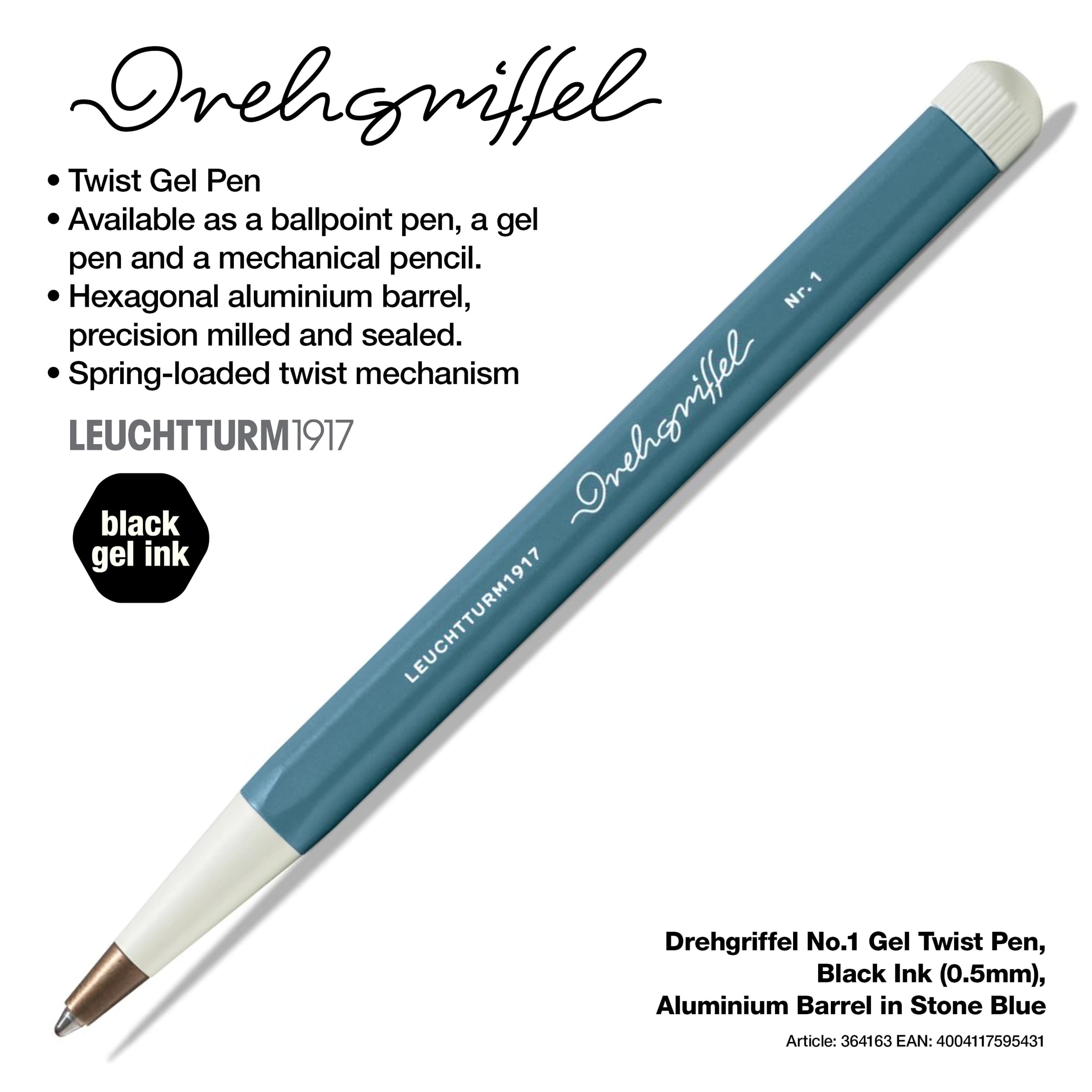 Drehgriffel No.1, Gel Twist Pen, Black Ink (0.5mm), Aluminium Barrel in Stone Blue
